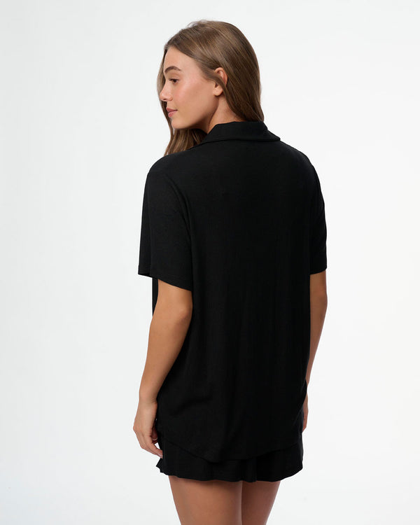 סט פיגמה ריב ויסקוזה 2 חלקים חולצה מכופתרת ומכנסון - BLACK