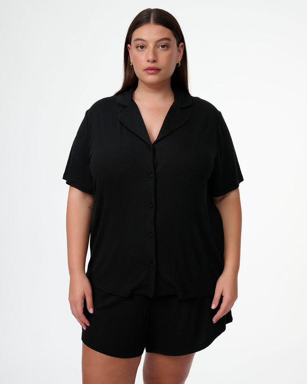 סט פיגמה ריב ויסקוזה 2 חלקים חולצה מכופתרת ומכנסון - BLACK