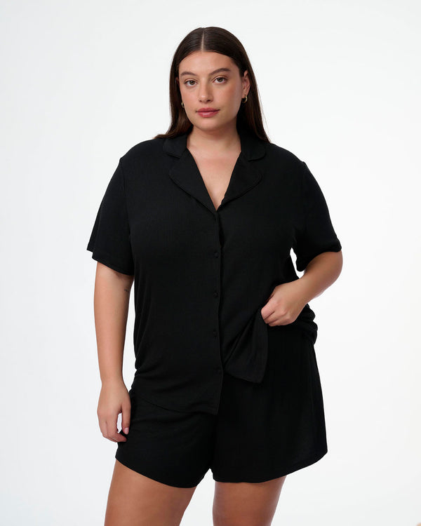 סט פיגמה ריב ויסקוזה 2 חלקים חולצה מכופתרת ומכנסון - BLACK