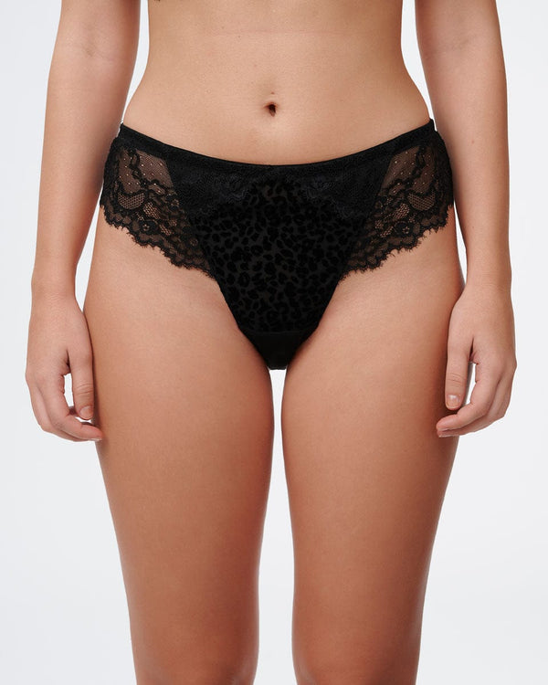 תחתון בגזרת חוטיני מבד קטיפה מנומר ותחרה - BLACK – תמונה 1