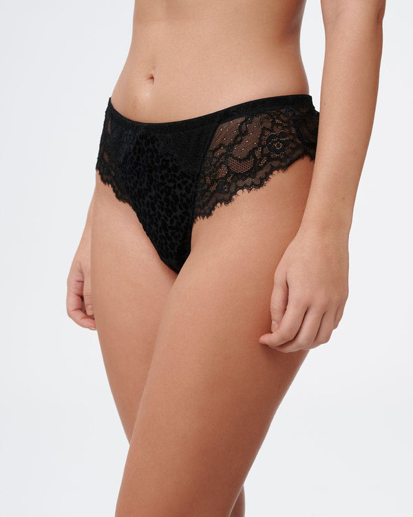 תחתון בגזרת חוטיני מבד קטיפה מנומר ותחרה - BLACK – תמונה 2