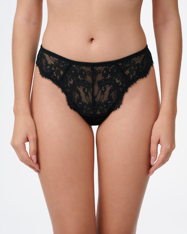 תחתון תחרה חוטיני גובה בשילוב רשת - BLACK – תמונה 1