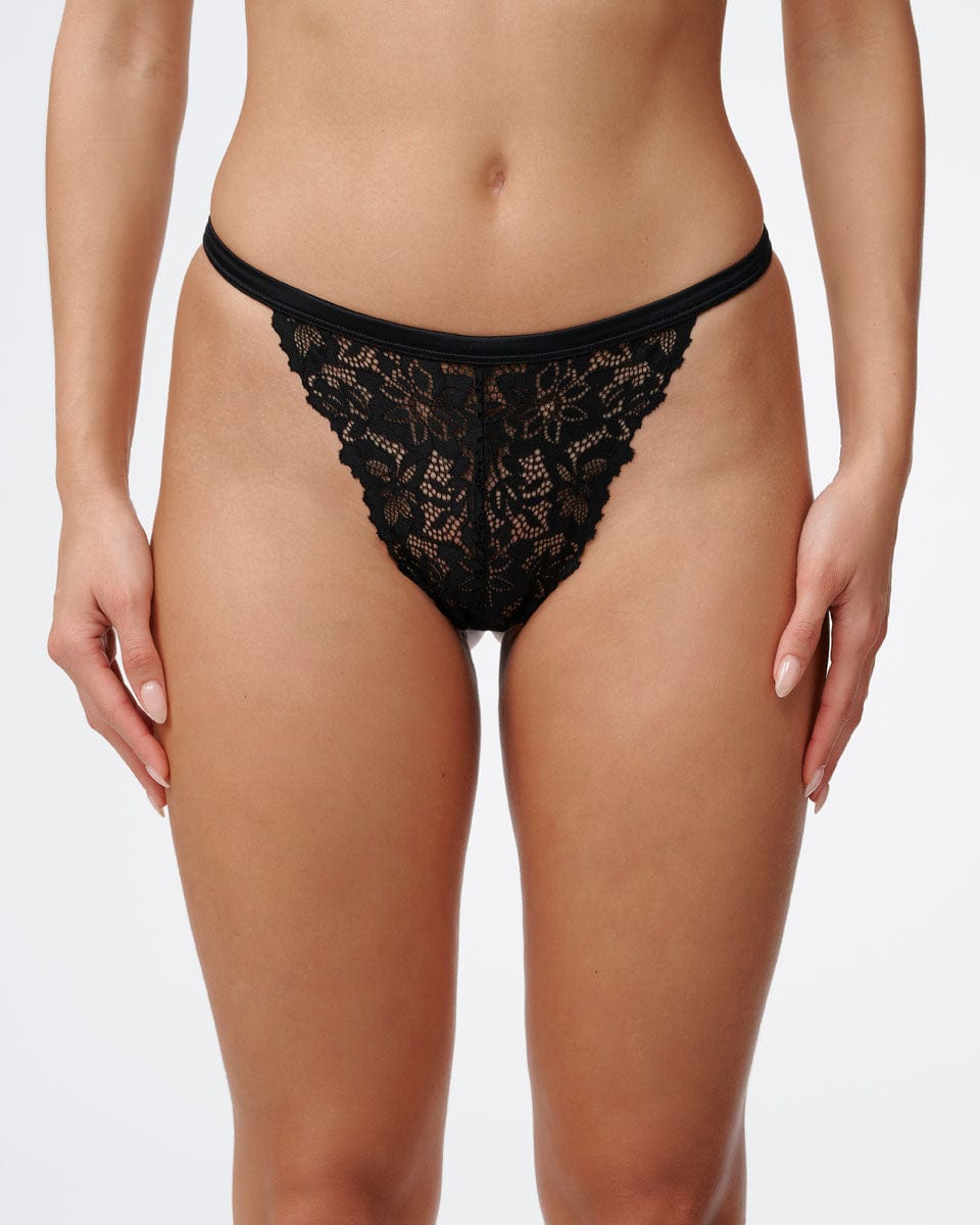 תחתון טנגה ברזילאי בשילוב תחרה וסאטן - BLACK – תמונה 1