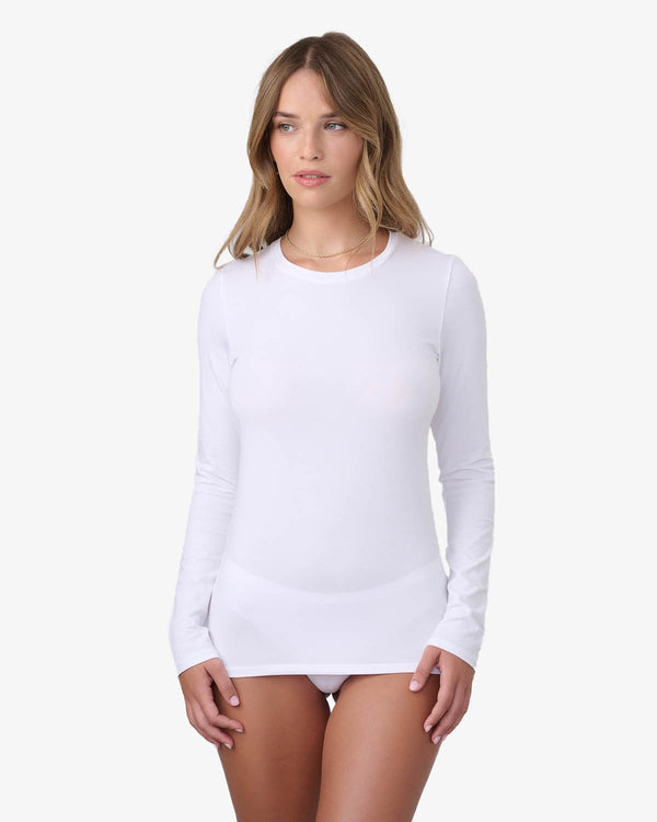 טי שירט בייסיק שרוול ארוך מחשוף עגול - WHITE – תמונה 1