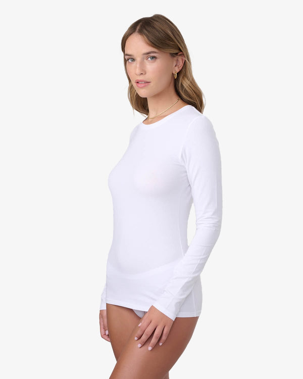 טי שירט בייסיק שרוול ארוך מחשוף עגול - WHITE – תמונה 3