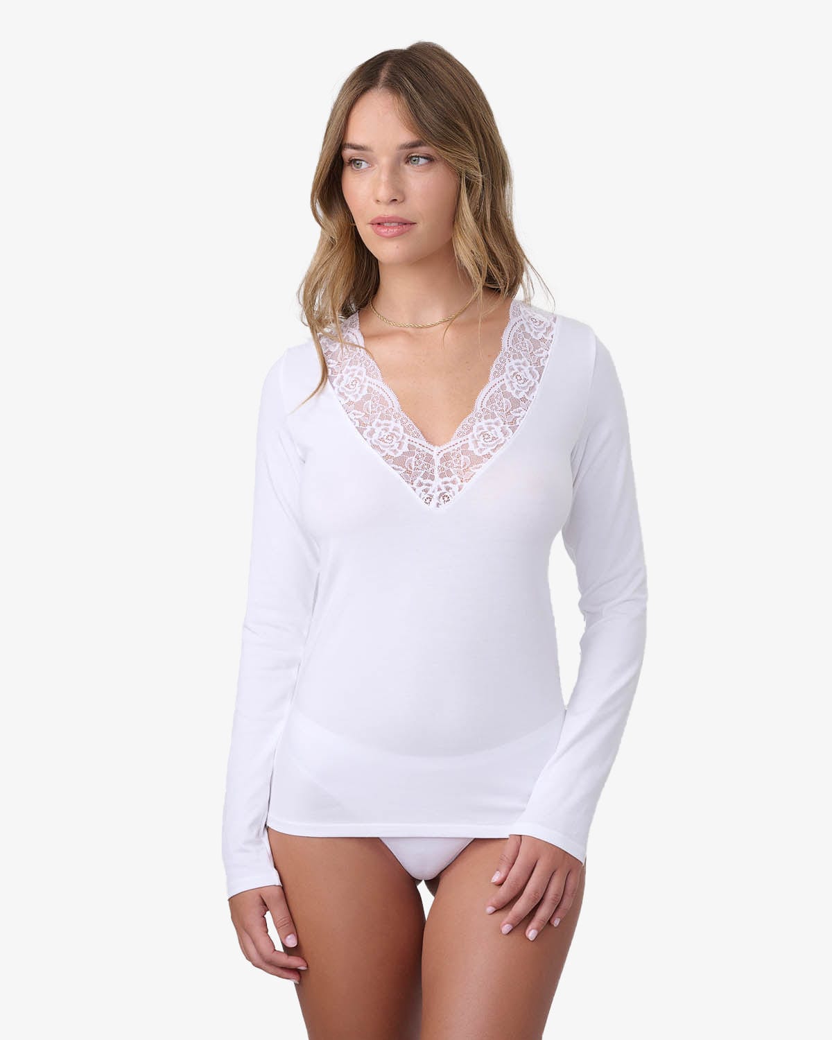 טי שירט שרוול ארוך מחשוף  V בשילוב תחרה רחבה - WHITE – תמונה 1