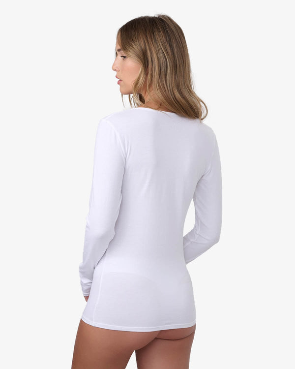 טי שירט שרוול ארוך מחשוף  V בשילוב תחרה רחבה - WHITE – תמונה 3