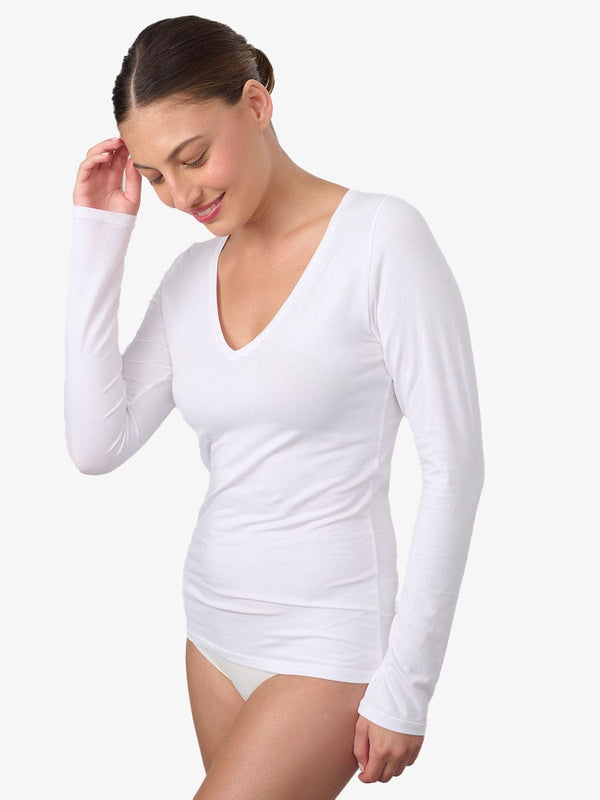 טי שירט בייסיק שרוול ארוך מחשוף V - WHITE – תמונה 2