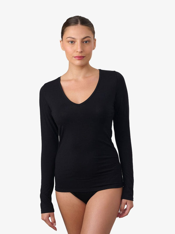 טי שירט בייסיק שרוול ארוך מחשוף V - BLACK – תמונה 1