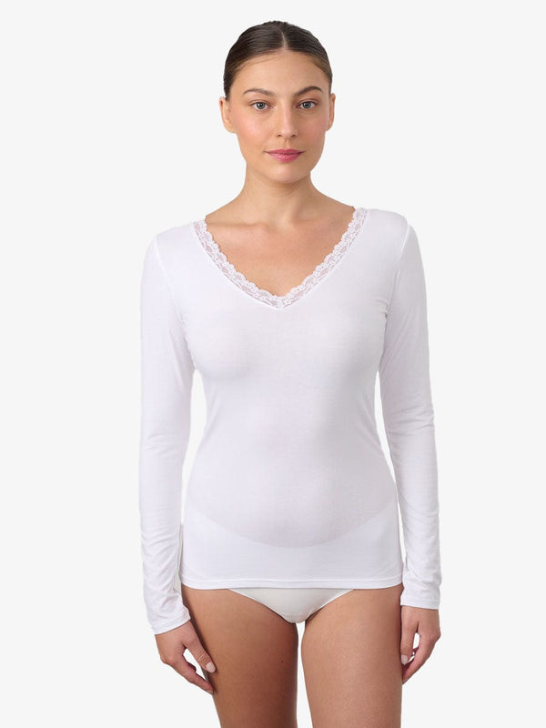 טי שירט שרוול ארוך מחשוף V בשילוב תחרה - WHITE – תמונה 1