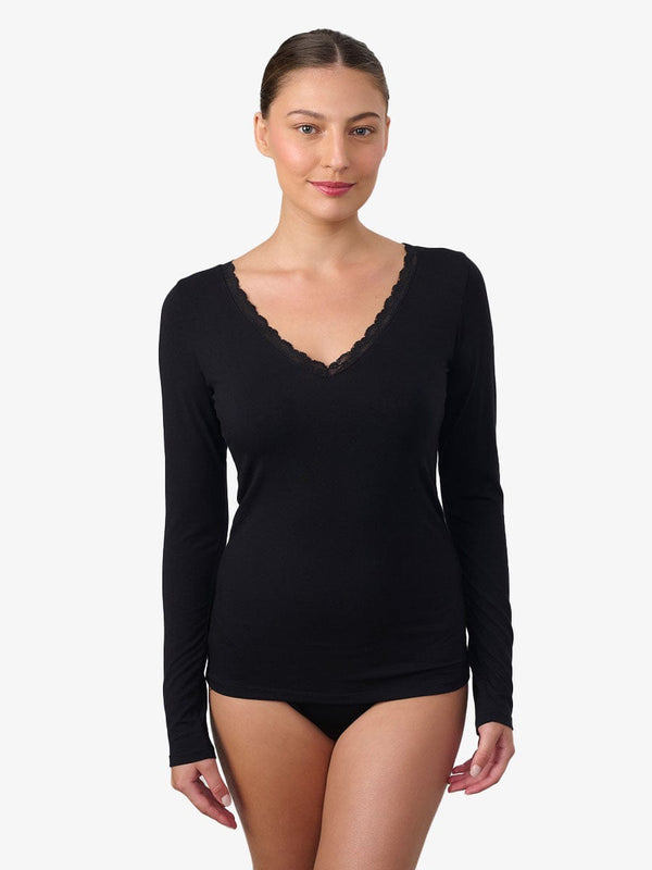 טי שירט שרוול ארוך מחשוף V בשילוב תחרה - BLACK – תמונה 1