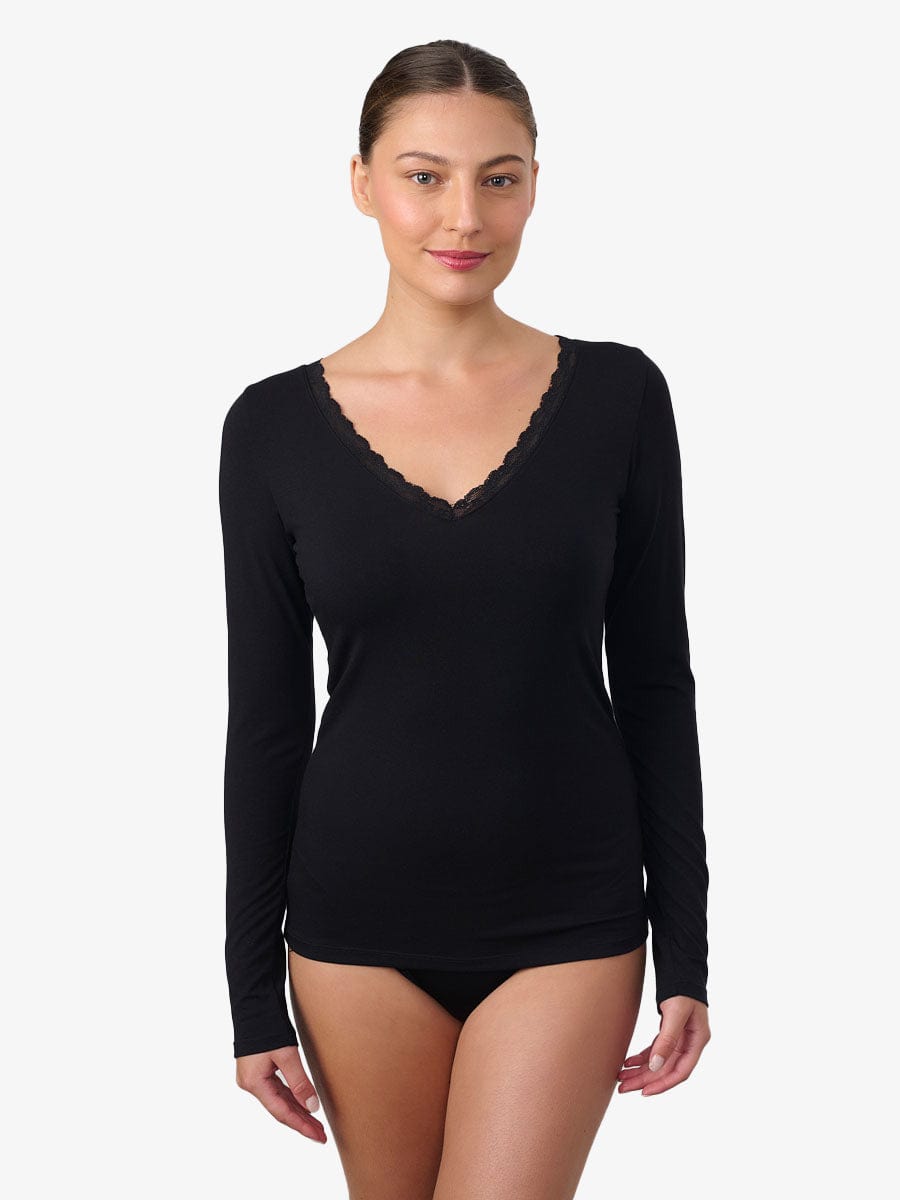 טי שירט שרוול ארוך מחשוף V בשילוב תחרה - BLACK – תמונה 1