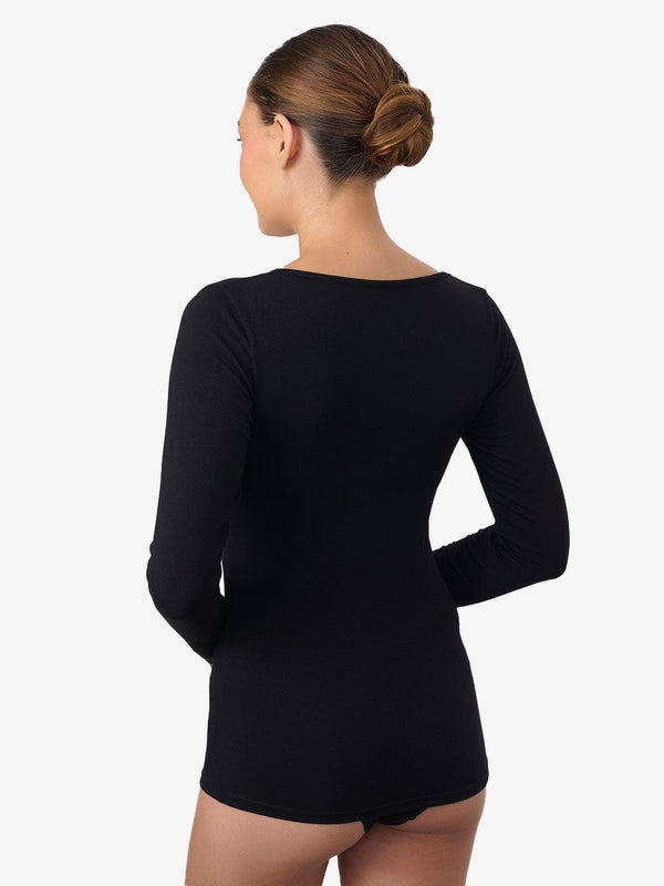 טי שירט שרוול ארוך מחשוף V בשילוב תחרה - BLACK – תמונה 3