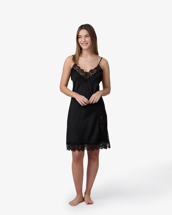 כותונת סאטן מידי בשילוב תחרת ריסים - BLACK – תמונה 1