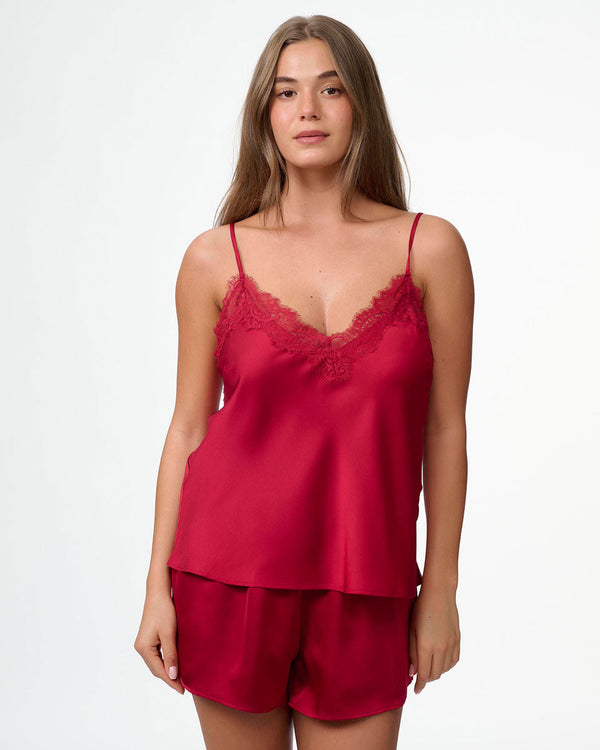 סט בייב דול סאטן בשילוב תחרת ריסים מכנסון וגופייה - RUBY RED