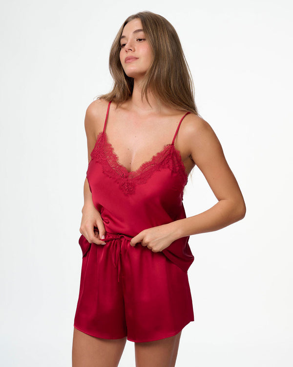 סט בייב דול סאטן בשילוב תחרת ריסים מכנסון וגופייה - RUBY RED