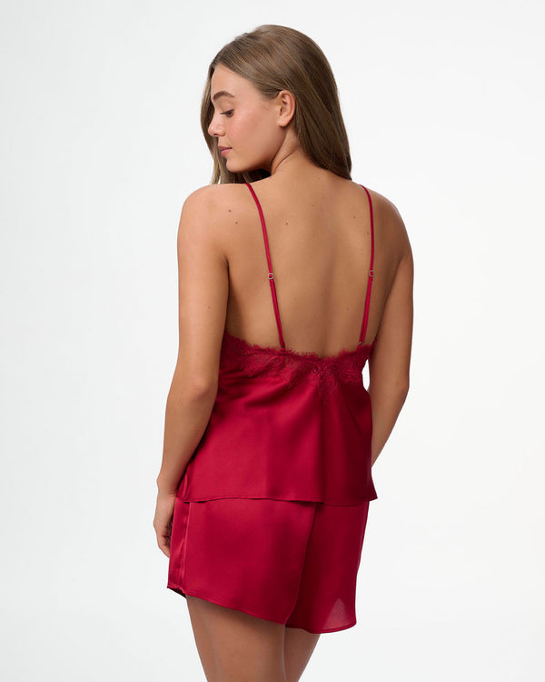 סט בייב דול סאטן בשילוב תחרת ריסים מכנסון וגופייה - RUBY RED