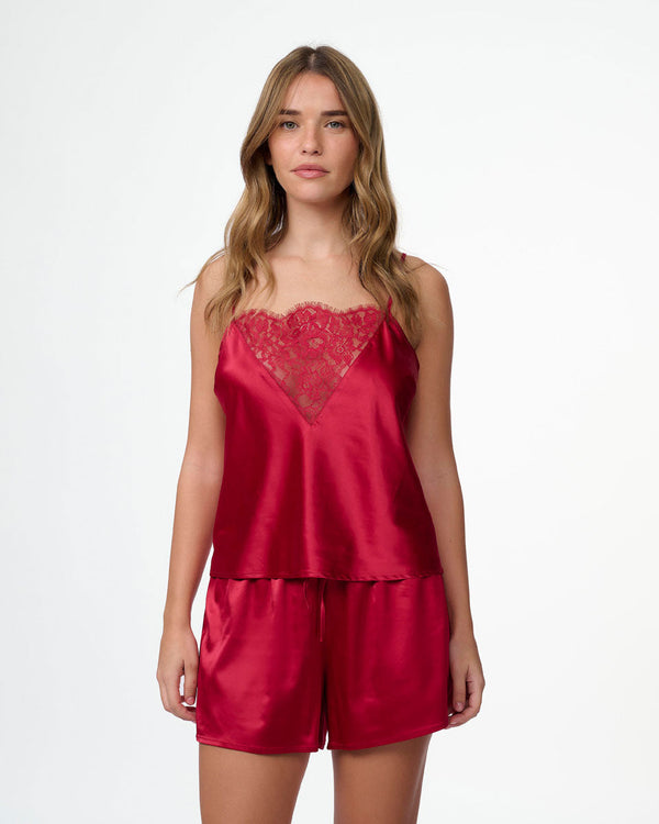 סט בייב דול סאטן במפתח V עמוק תחרה מכנסון וגופייה - RUBY RED