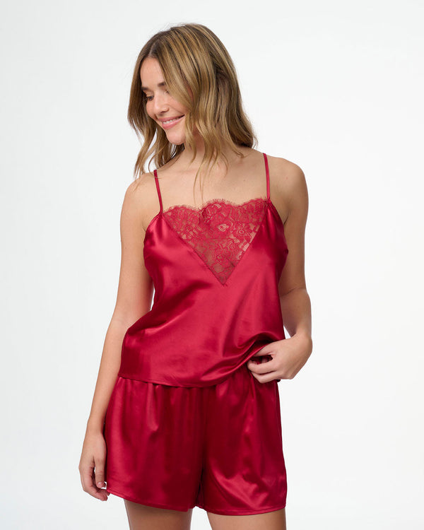 סט בייב דול סאטן במפתח V עמוק תחרה מכנסון וגופייה - RUBY RED