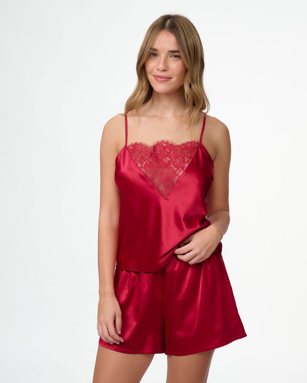 סט בייב דול סאטן במפתח V עמוק תחרה מכנסון וגופייה - RUBY RED