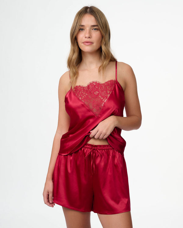סט בייב דול סאטן במפתח V עמוק תחרה מכנסון וגופייה - RUBY RED