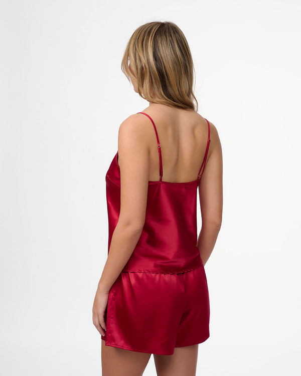 סט בייב דול סאטן במפתח V עמוק תחרה מכנסון וגופייה - RUBY RED