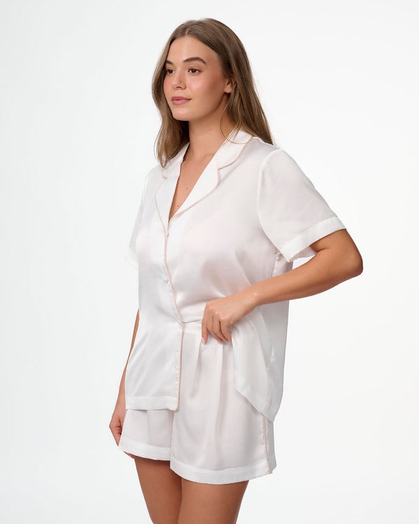 סט פיג'מה סאטן קצר במראה משוחרר - IVORY
