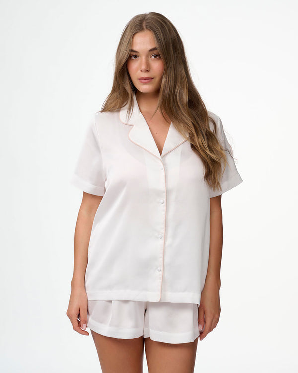 סט פיג'מה סאטן קצר במראה משוחרר - IVORY